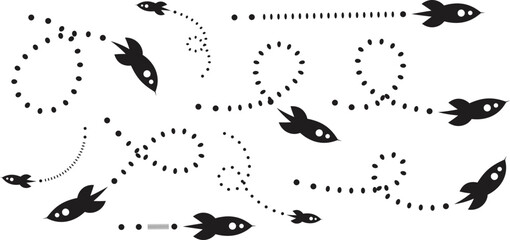 Rocket path icon set with playful dotted trails in a simple black silhouette style. Space-themed vector illustrations ideal for kids designs, futuristic concepts, and creative patterns. © Sk