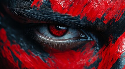 Vibrant red and black face paint highlights captivating eyes, showcasing fierce creativity and artistry