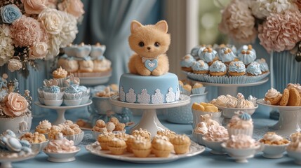 A whimsical dessert table with pastel treats and a cute kitten, perfect for celebrations!