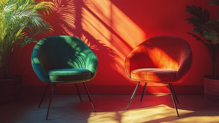 Chic chairs in vibrant colors sit in warm sunlight, surrounded by lush plants, creating an inviting vibe