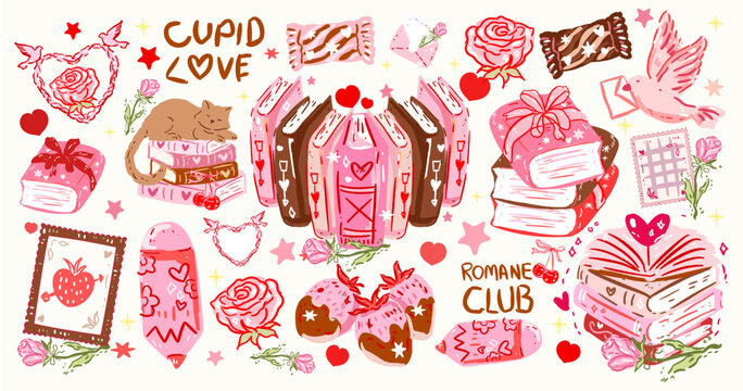 Pink Valentines Hand drawn Valentine clipart ,Aesthetic Valentine, Cute Cookie, Love,Coquette bookish, Coquette Pink Bow,Vintage Holiday, Whimsical vector,romantic heart poster,invitation