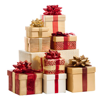 Pile of elegantly wrapped gold, red, and white gift boxes with bows stacked high. Holiday gifting concept.