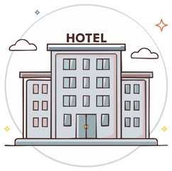Hotel Illustration: Modern Building with Clouds, Sparkles, and Decorative Details