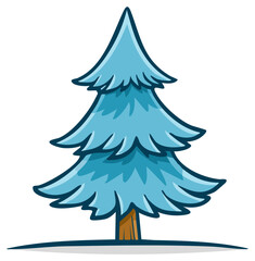 Stylized evergreen tree graphic with blue needles and a brown trunk in winter cartoon illustration style.