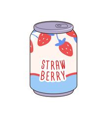 Soda in tin can icon. Refreshing soft, energy beverage, fizzy juice, tonic with strawberry in container. Carbonated drink with berry flavor in metal bottle. Flat isolated vector illustration on white