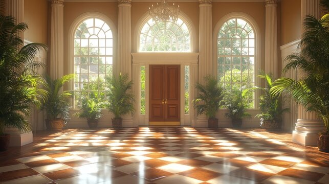 Sunlight fills a spacious foyer with elegant plants and beautiful tile patterns, creating a serene vibe