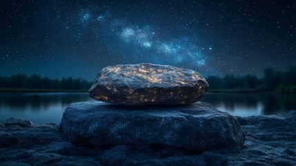 A tranquil rock formation rests by a serene lake, illuminated by starlight against a vast cosmic backdrop