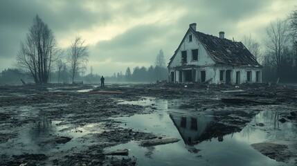A lone individual stands amidst the ruins of a dilapidated house, gazing at the eerie landscape under overcast skies