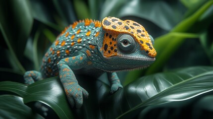 Brightly colored chameleon sits on large green leaves, showcasing its stunning patterns in a tropical environment