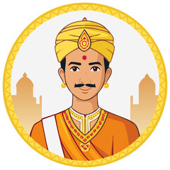 Cartoon Illustration of Southeast Asian Man with Turban, Traditional Attire, and Palace Backdrop