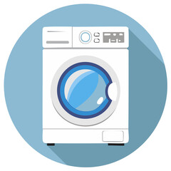 Modern white front load washing machine with blue accents and digital display
