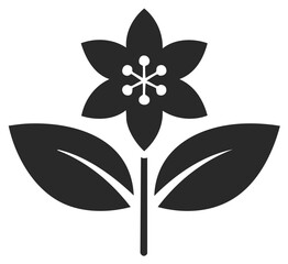 Minimalist six-petal flower icon with leaves. Simple black floral glyph symbol for design.