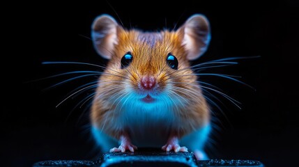 A small brown mouse with expressive eyes and soft fur curiously gazes at the viewer against a dark background