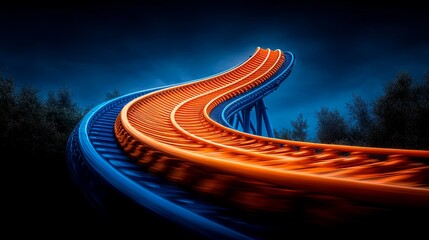 A vibrant roller coaster twists dramatically against the twilight sky, sparking thrill and excitement