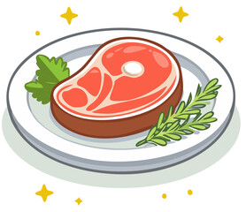 Vibrant Cartoon Steak Illustration with Rosemary and Parsley on a Plate