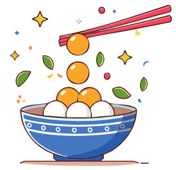 Sweet dumplings in bowl with chopsticks, Chinese Lantern Festival food illustration