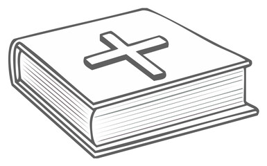 Outline drawing of a holy book featuring a prominent Christian cross symbol on its cover