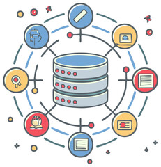 Data management concept with a centralized database hub and connected icons illustration