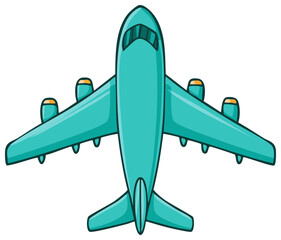 Cartoon overhead view of a teal passenger airplane, isolated.