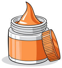 Jar with orange cream or ointment with lid slightly ajar, smooth texture, graphic illustration