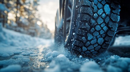 Tires grip the icy road, sending plumes of snow into the still, chilly air while winter's beauty surrounds the journey
