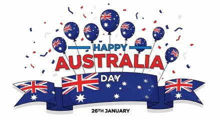 Australia day illustration of happy australia day with balloons and flags isolated on white background