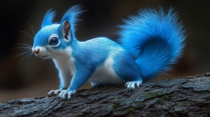 A striking blue squirrel curiously examines a moss-covered log, surrounded by enchanting forest foliage