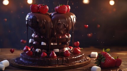 Chocolate dessert with cherries and marshmallows