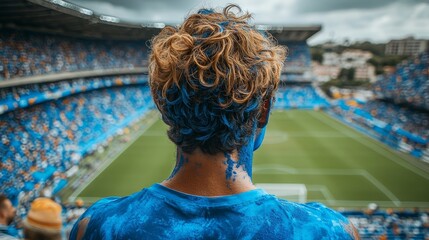 Enthusiastic supporter shows unwavering dedication with blue face paint amid a bustling stadium filled with excitement