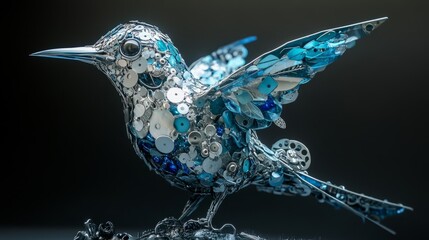 A dazzling metallic hummingbird shines with blue sequins, revealing intricate artistry and creativity