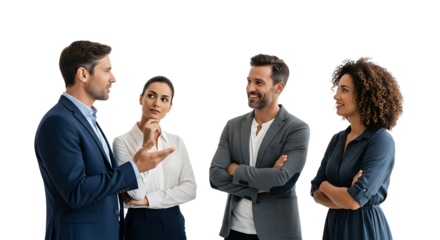 Diverse Business Team Collaborating and Discussing Strategy Isolated on White Background