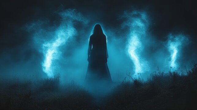 A mysterious figure stands in a foggy landscape, enveloped in blue light, creating an otherworldly atmosphere