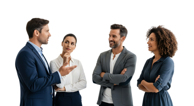 Diverse Business Team Collaborating and Discussing Strategy Isolated on White Background