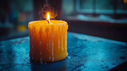 The flickering flame of a yellow candle casts soft shadows, evoking tranquility and warm ambiance in a serene setting