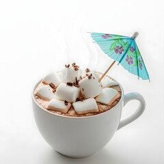 Steaming Hot Chocolate with Marshmallows and Blue Cocktail Umbrella