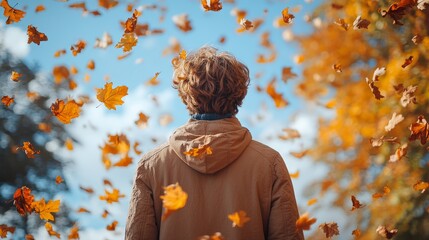 A solitary figure stands amidst a flurry of colorful autumn leaves, embracing the tranquility of the season