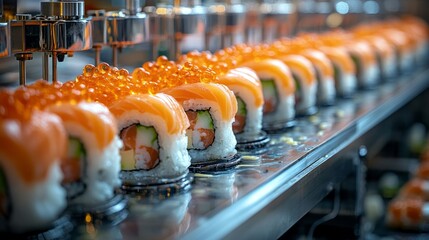Rows of delicious sushi rolls glide past, each adorned with bright orange tobiko, enticing diners in a vibrant setting