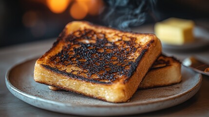  A burnt slice of toast with a blackened crust, showing the effects of overclocking on a breakfast staple, ruined by fire.