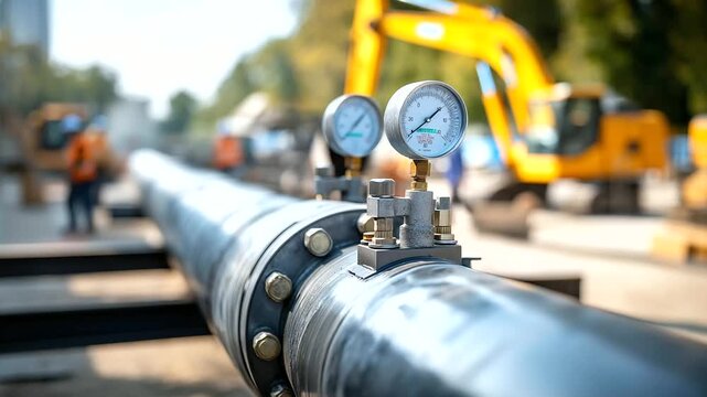 Pipeline testing equipment connected to installed section pressure testing quality assurance infrastructure hydrostatic test setup gauges visible construction site defocused