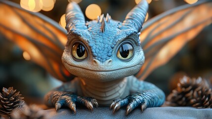 A charming blue dragon enchants with its striking eyes and delicate textures in a dreamy setting