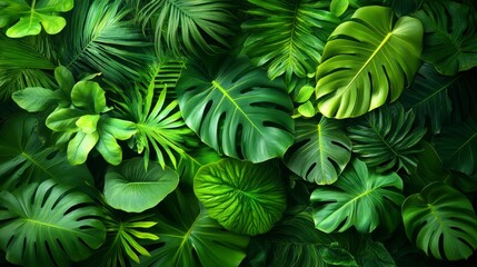 A dense array of rich green tropical foliage brings a refreshing and serene atmosphere, perfect for nature enthusiasts