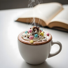Steaming Hot Chocolate in a Brown Mug with an Open Magazine