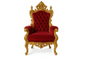 Ornate red velvet and gold throne chair, symbolizing royalty, power, and prestige. Isolated on a transparent background