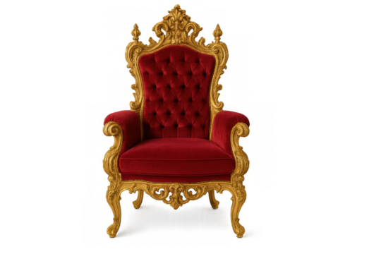 Ornate red velvet and gold throne chair, symbolizing royalty, power, and prestige. Isolated on a transparent background