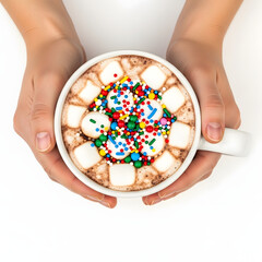 Hands Holding a Mug of Hot Chocolate with Colorful Sprinkles