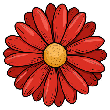 Vibrant Red Daisy Flower Cartoon Illustration with Yellow Center Isolated Artwork