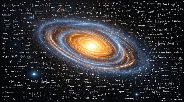 Theory of everything and quantum physics concept showing scientific equations written over a glowing spiral galaxy in deep space