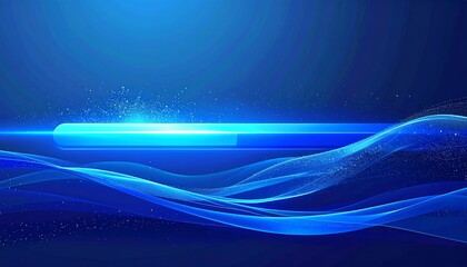 Abstract blue background with wavy lines, particles, and a glowing bar