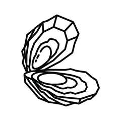 Stylized oyster shell line art icon, representing seafood, ocean, marine life, and gourmet dining
