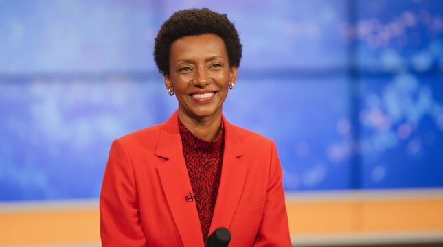 Black women in media. American TV hostess. African American broadcaster. Young Brown skin female is a presenter of the morning program